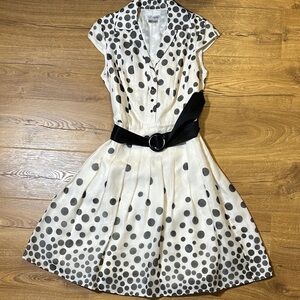 Kay Unger 100% Silk Black and White Polka Dot Midi Dress Size 12